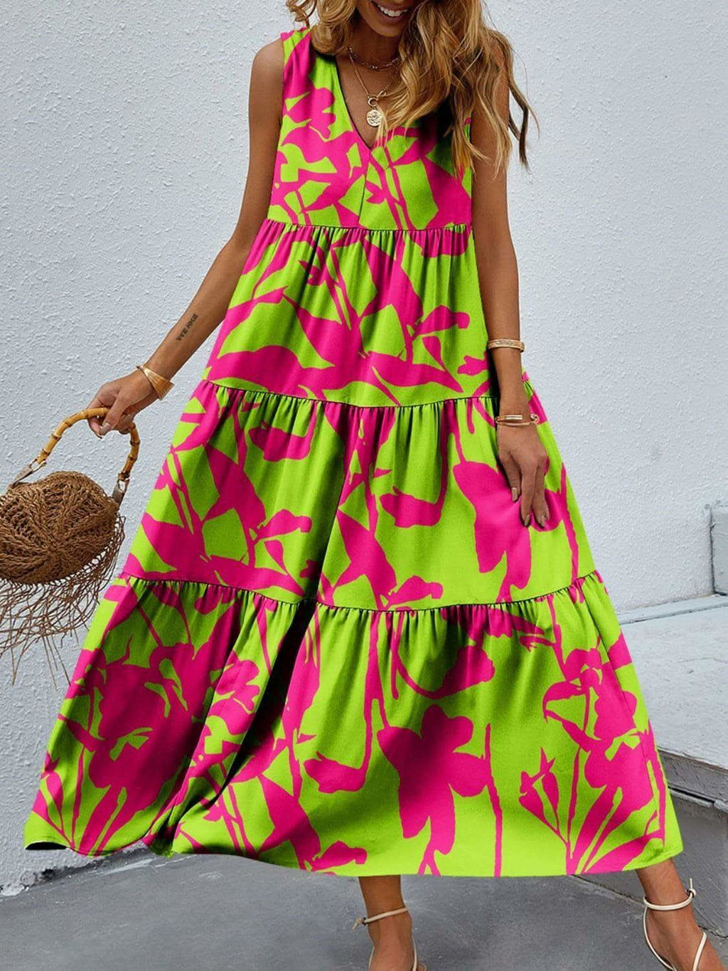 Tiered Printed V-Neck Sleeveless Dress in Lime - photo