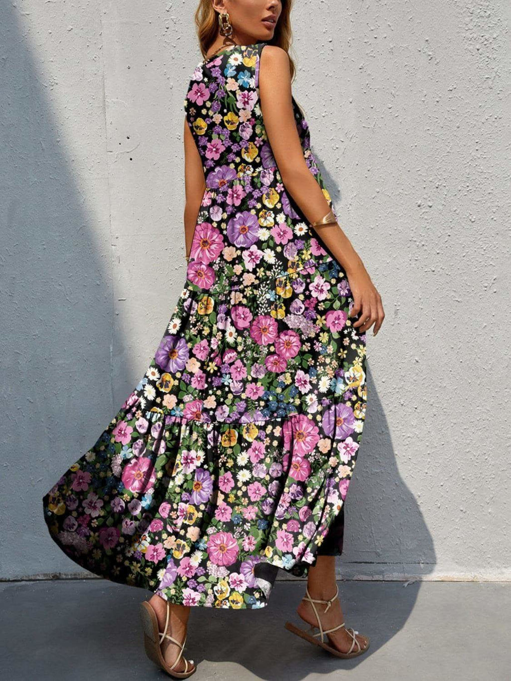 Tiered Printed V-Neck Sleeveless Dress in - photo