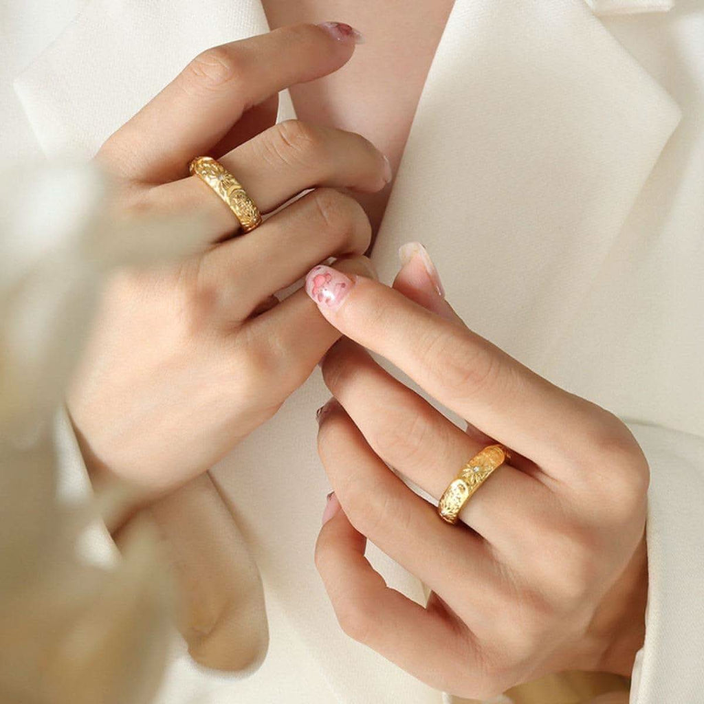 Titanium Steel Inlaid Zircon Embossed Ring in Gold - Rings photo