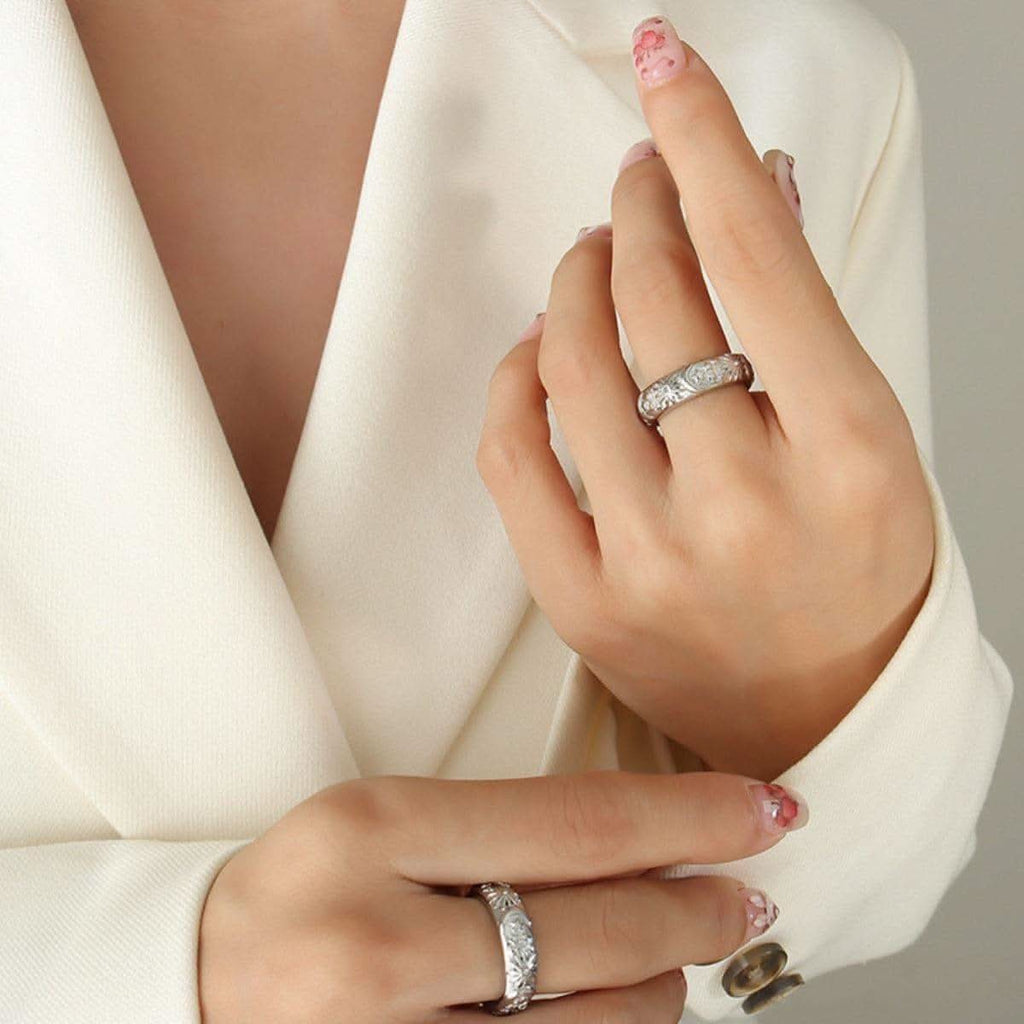 Titanium Steel Inlaid Zircon Embossed Ring in Silver - Rings photo