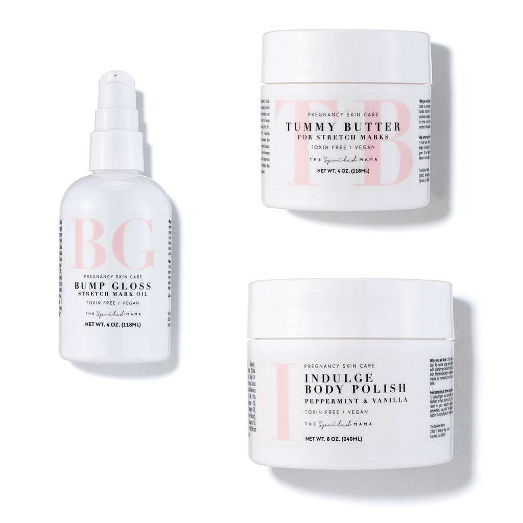 Stretch Mark Prevention Trio in - Maternity Gift Basket > pregnancy belly cream > best oil for pregnancy stretch marks > new mom gift > gift for pregnant woman > mom to be gift set > pregnancy creams to prevent stretch marks > stretch mark kit > stretch mark prevention photo