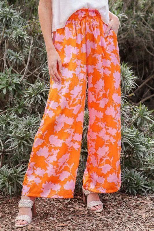 Tropical Print Wide Pants with Self Tie Drawstring in ORANGE PINK - Pants photo