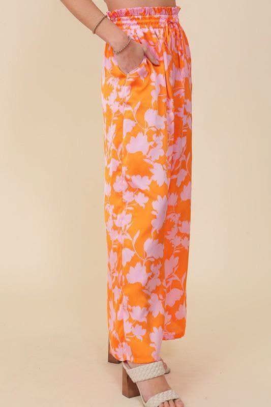 Tropical Print Wide Pants with Self Tie Drawstring in - Pants photo