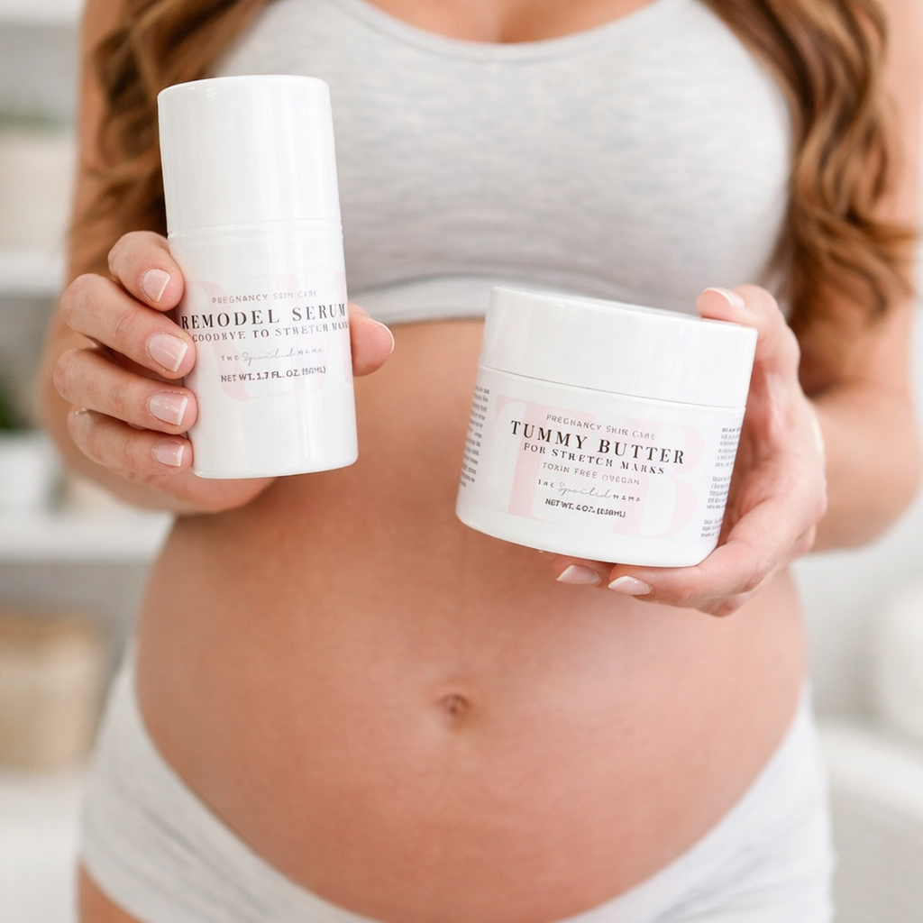 The Spoiled Mama Tummy Butter and ReModel Serum Stretch Mark Duo in - pregnancy belly cream > new mom gift > gift for pregnant woman > pregnancy creams to prevent stretch marks > stretch mark treatment photo
