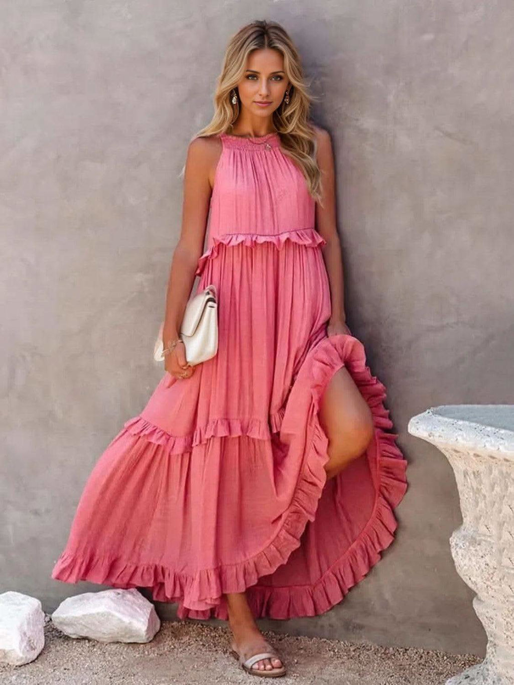 Twirl for Me Ruffled Sleeveless Maxi Dress with Pockets in Burnt Coral - Dresses photo