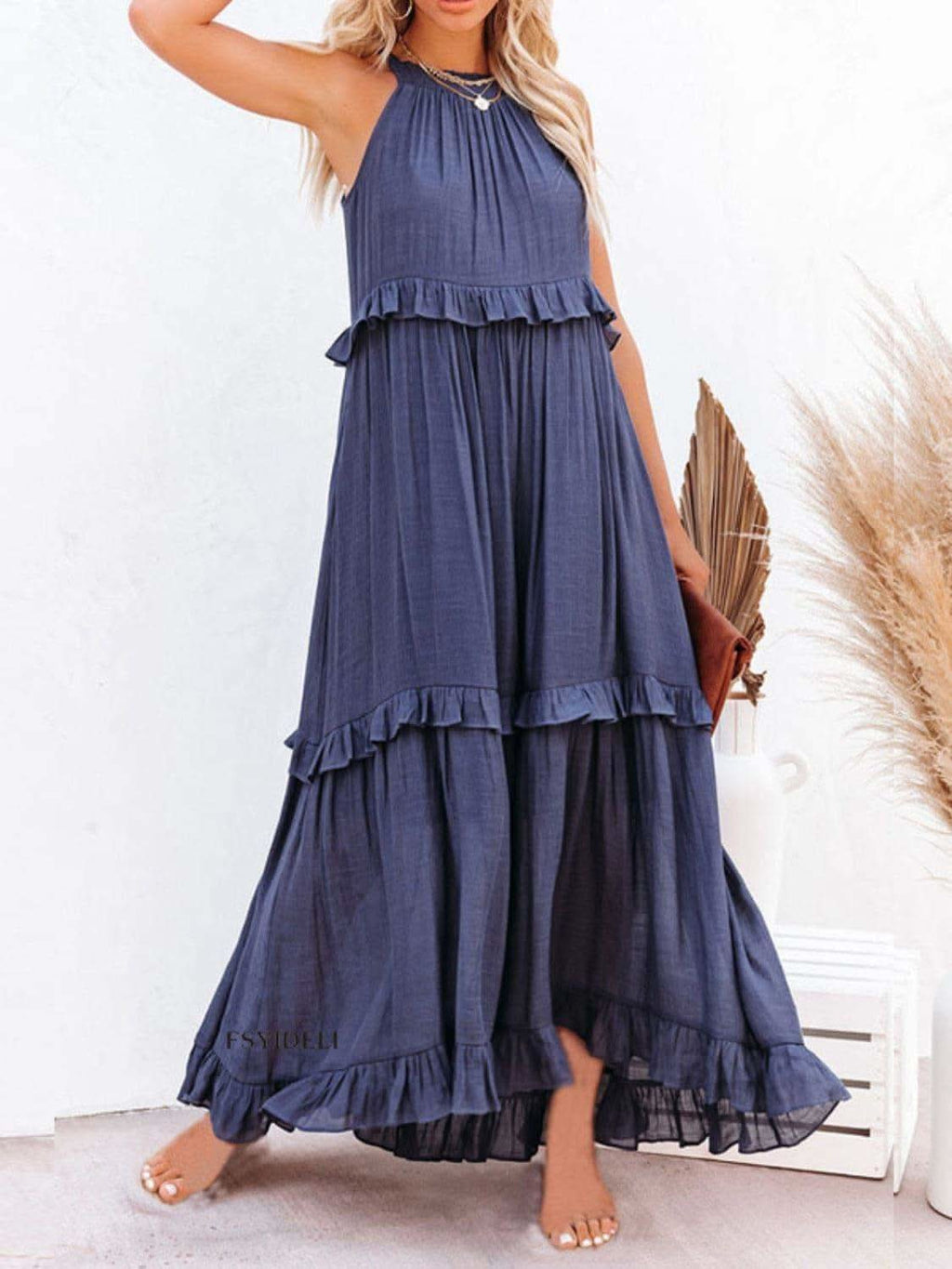 Twirl for Me Ruffled Sleeveless Maxi Dress with Pockets in Navy - Dresses photo