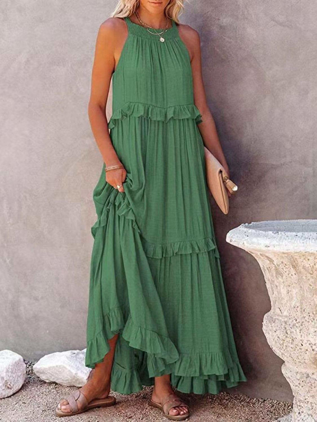 Twirl for Me Ruffled Sleeveless Maxi Dress with Pockets in Green - Dresses photo
