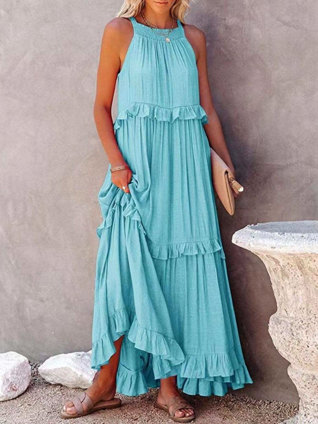 Twirl for Me Ruffled Sleeveless Maxi Dress with Pockets in Sky Blue - Dresses photo
