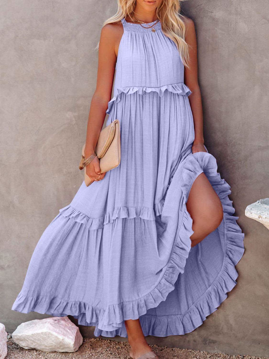 Twirl for Me Ruffled Sleeveless Maxi Dress with Pockets in Lilac - Dresses photo