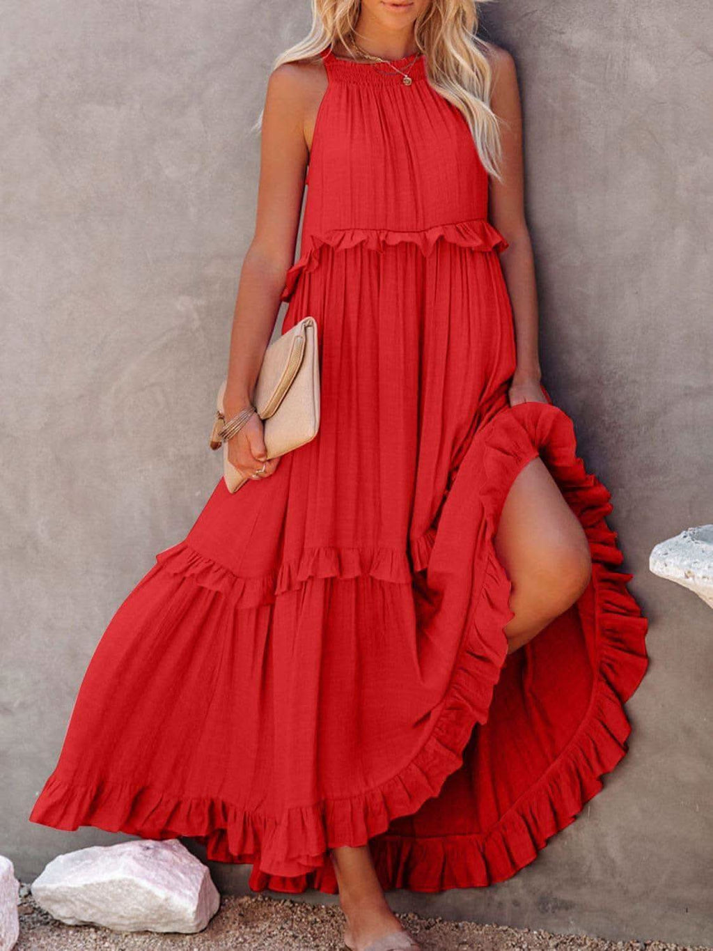 Twirl for Me Ruffled Sleeveless Maxi Dress with Pockets in Red - Dresses photo