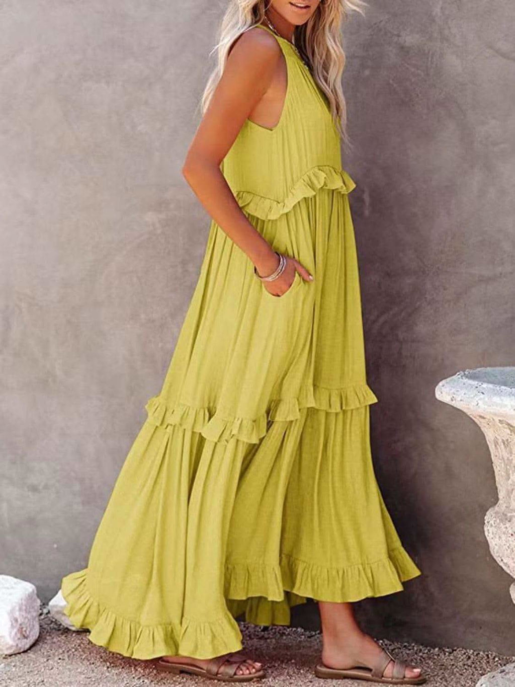 Twirl for Me Ruffled Sleeveless Maxi Dress with Pockets in Chartreuse - Dresses photo