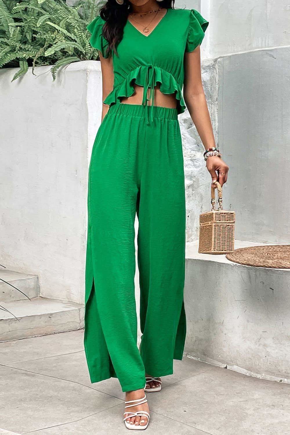 V-Neck Ruffle Hem Top and Slit Pants Set in - Outfit Sets photo