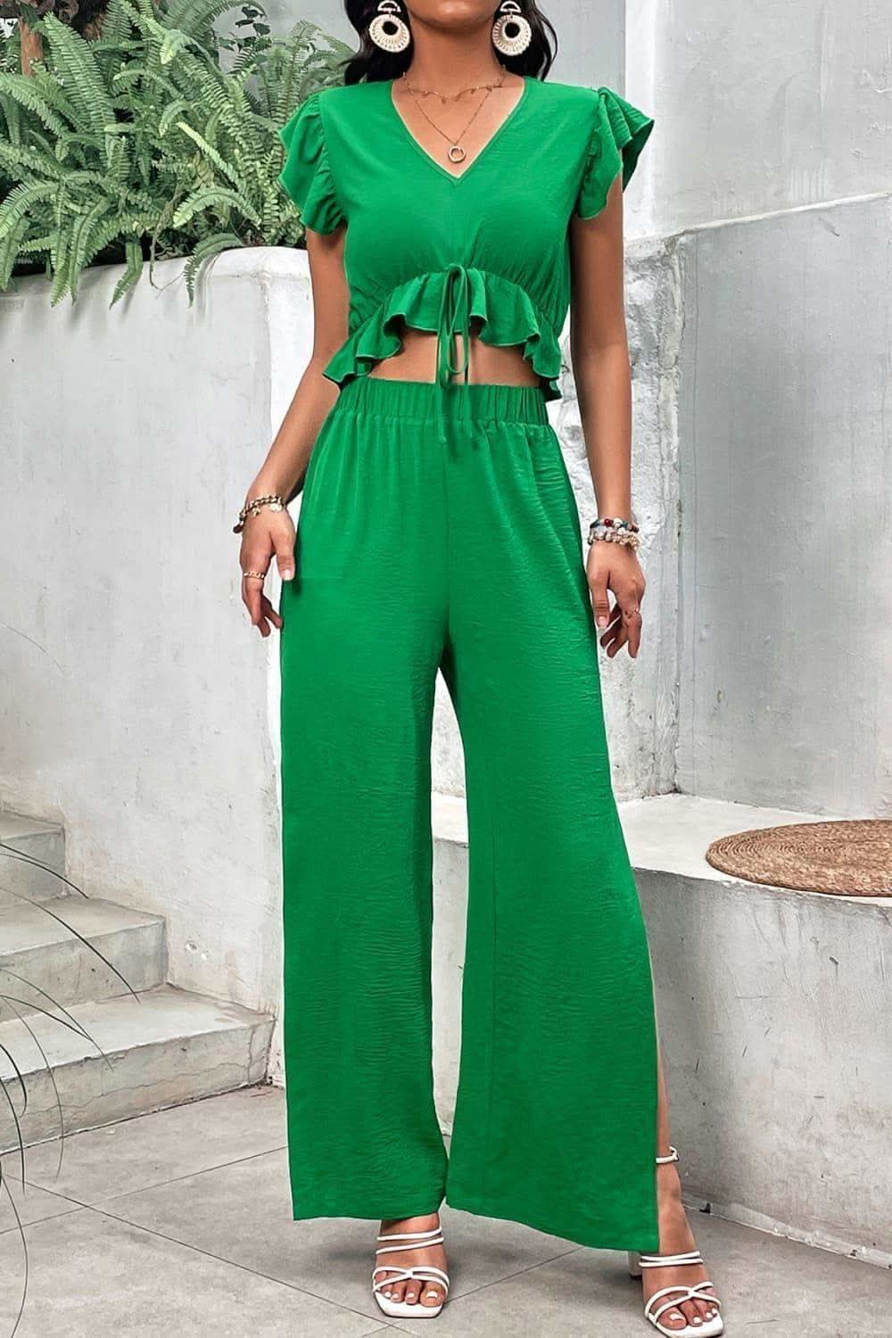 V-Neck Ruffle Hem Top and Slit Pants Set in Mid Green - Outfit Sets photo