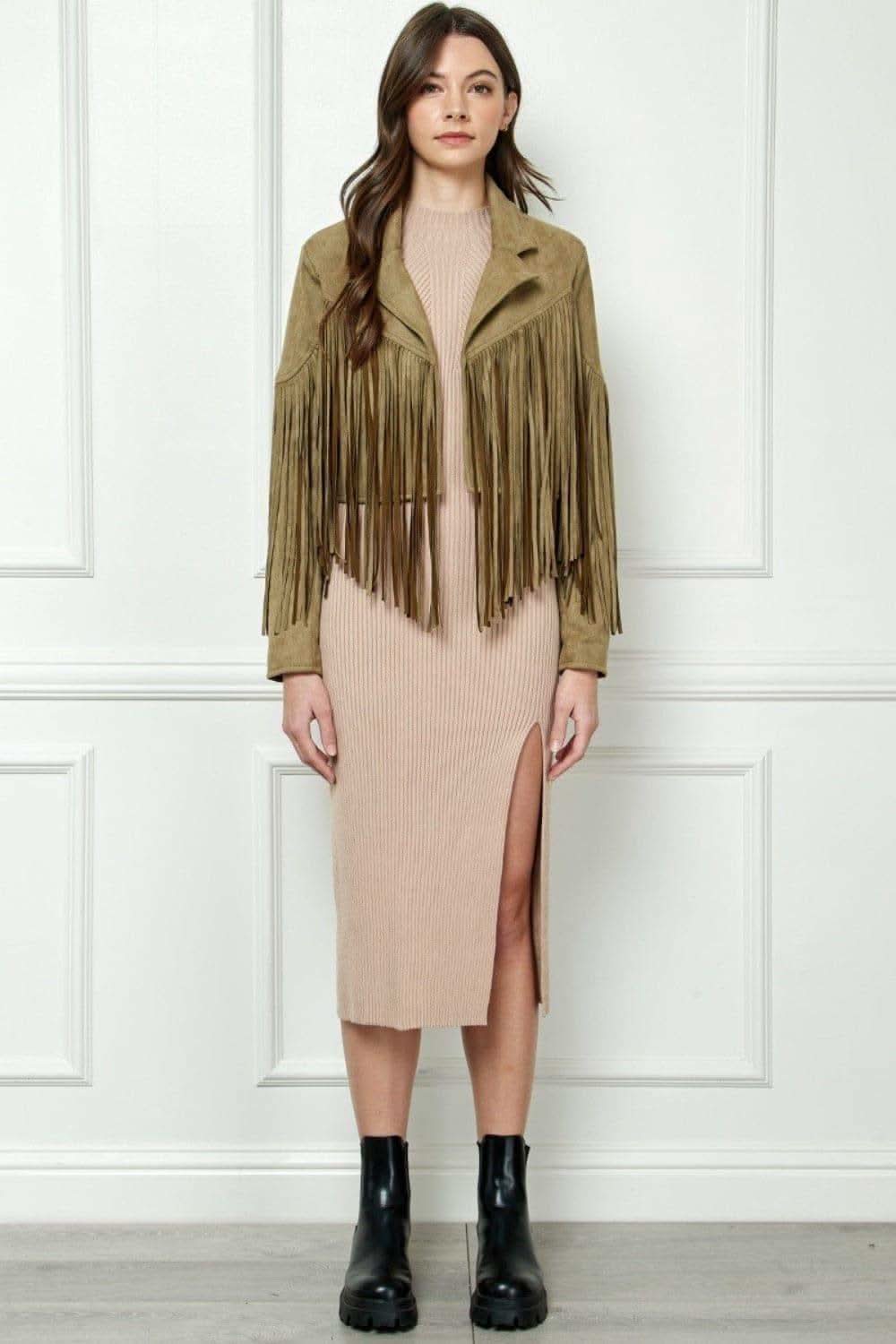 VEVERET Suede Fringe Long Sleeve Moto Jacket - SwagglyLife Home & Fashion