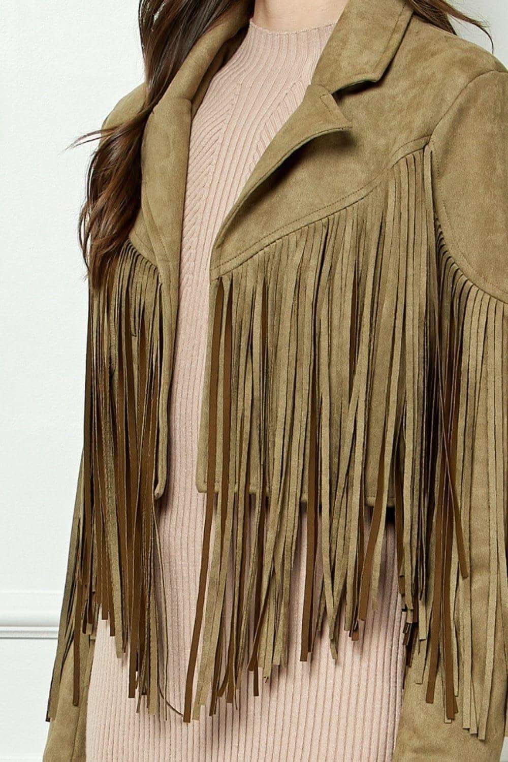 VEVERET Suede Fringe Long Sleeve Moto Jacket - SwagglyLife Home & Fashion