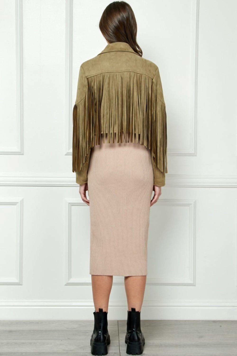 VEVERET Suede Fringe Long Sleeve Moto Jacket - SwagglyLife Home & Fashion VEVERET Suede Fringe Long Sleeve Moto Jacket - SwagglyLife Home & Fashion