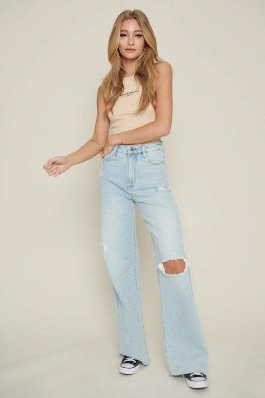 Vibrant M.i.U Distressed Wide Leg Jeans in Light Stone - Denim Pants photo