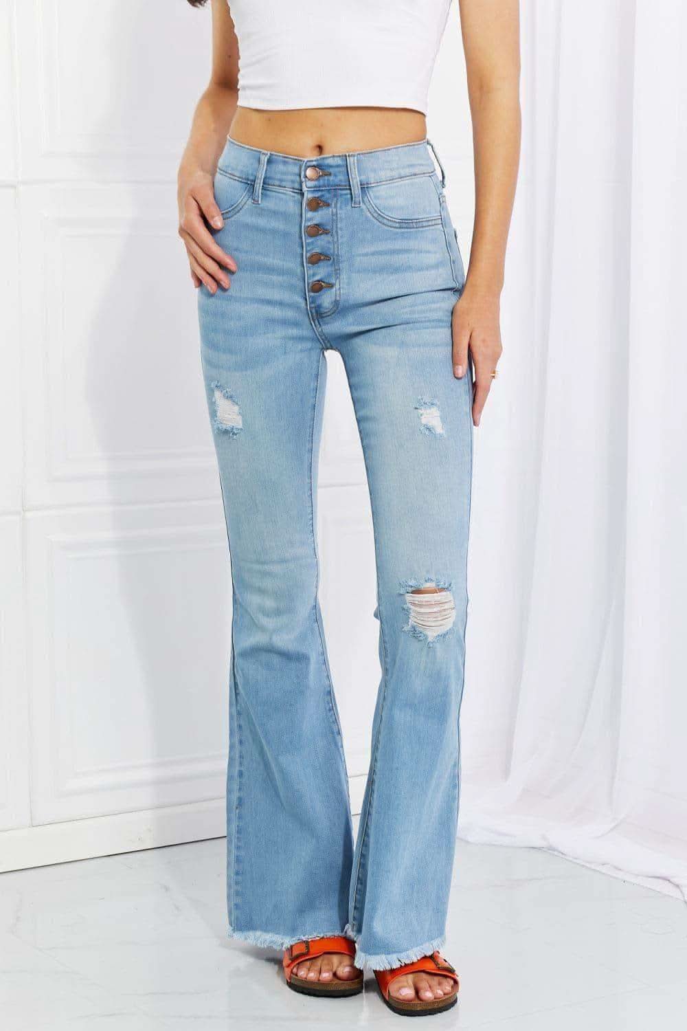 Vibrant M.i.U Full Size Jess Button Flare Jeans in Light - Pants photo