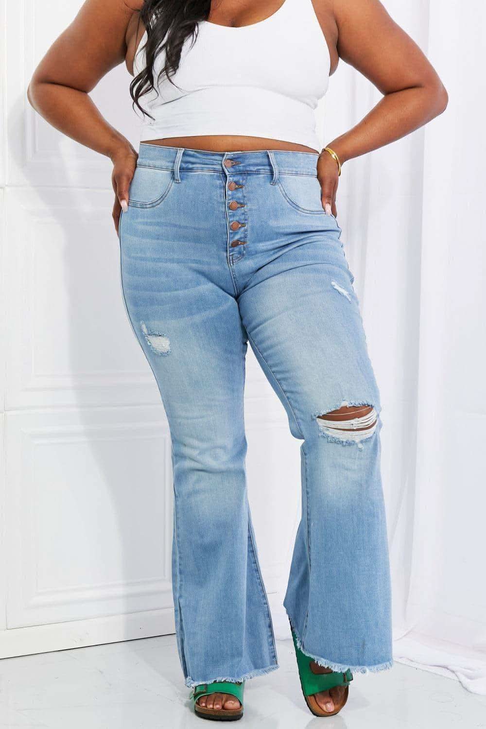 Vibrant M.i.U Full Size Jess Button Flare Jeans in - Pants photo