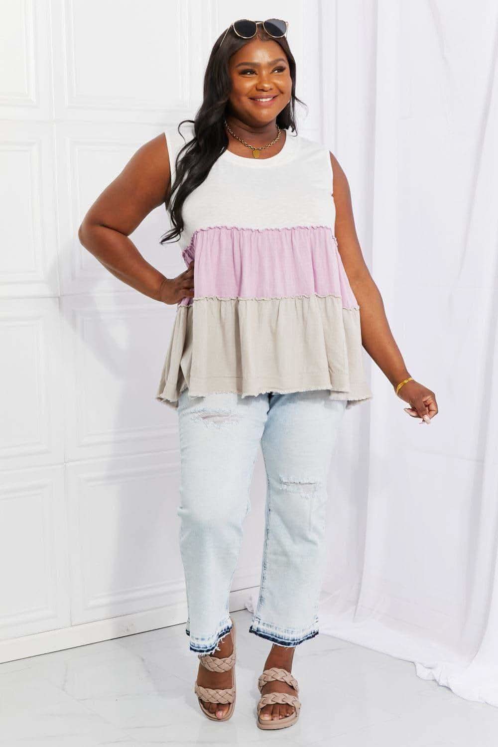 White Birch Full Size Watching the Sunset Color Block Babydoll Top - SwagglyLife Home & Fashion