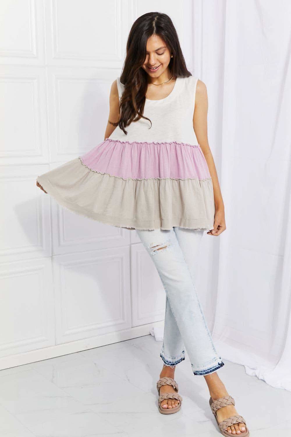 White Birch Full Size Watching the Sunset Color Block Babydoll Top - SwagglyLife Home & Fashion White Birch Full Size Watching the Sunset Color Block Babydoll Top - SwagglyLife Home & Fashion