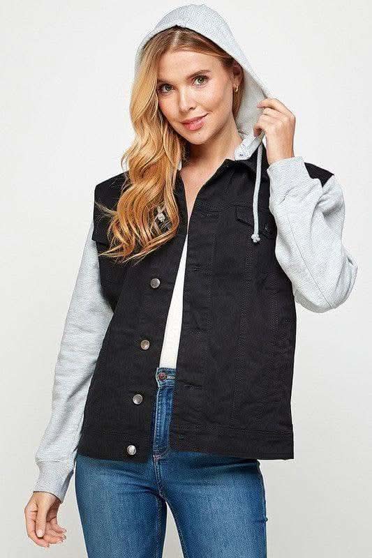 Women's Denim Jacket with Fleece Hoodies in BLACK - Coats & Jackets photo