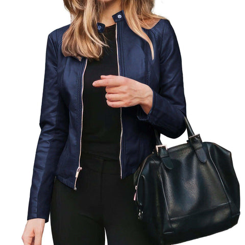 Women's Navy Blue Retro Moto Rider Sheepskin Real Leather Jacket - SwagglyLife Home & Fashion Women's Navy Blue Retro Moto Rider Sheepskin Real Leather Jacket - SwagglyLife Home & Fashion