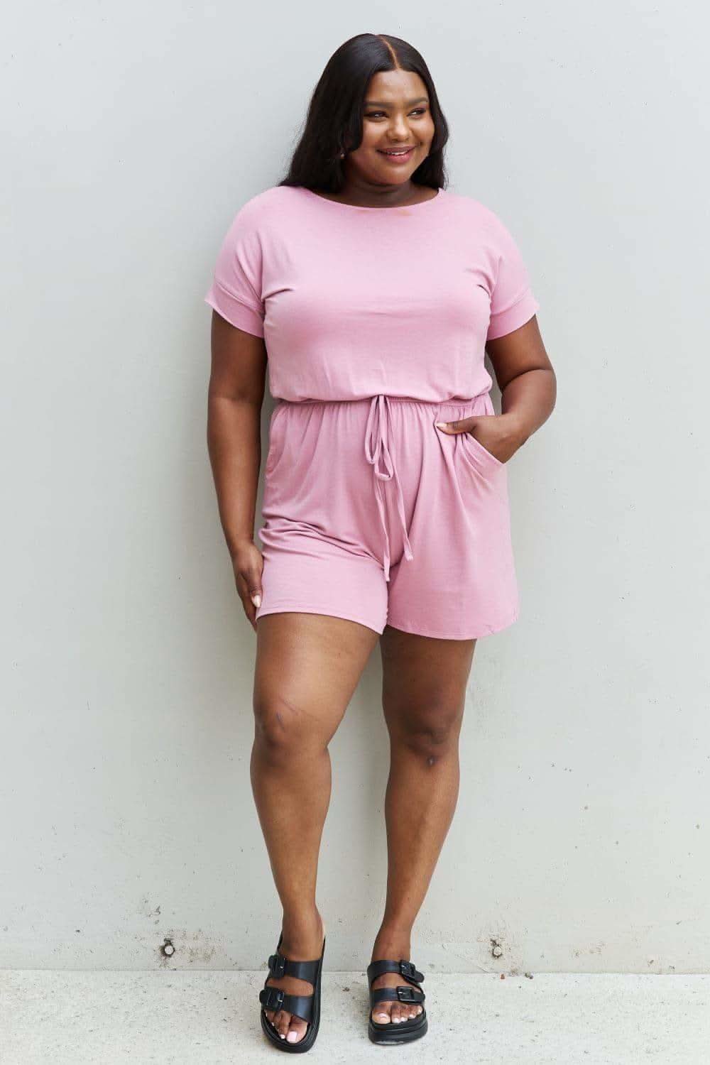 Zenana Chilled Out Full Size Short Sleeve Romper in Light Carnation Pink in - Jumpsuits & Rompers photo