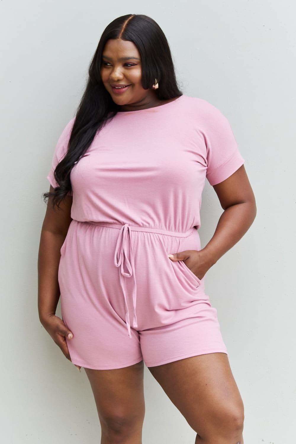 Zenana Chilled Out Full Size Short Sleeve Romper in Light Carnation Pink in Carnation Pink - Jumpsuits & Rompers photo