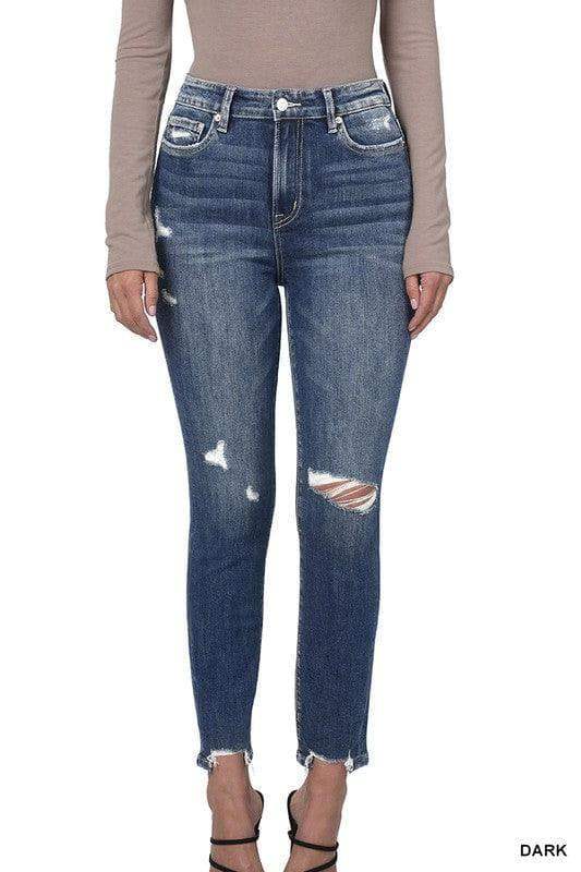 ZENANA Distressed Hem Ankle Skinny Denim Pants - SwagglyLife Home & Fashion
