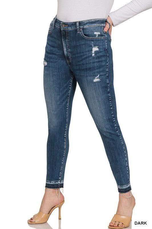 ZENANA Plus High Rise Distressed Cropped Skinny Denim Jeans in DARK - Pants photo