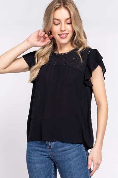 ACTIVE BASIC Ruffle Short Sleeve Crochet Blouse - SwagglyLife Home & Fashion ACTIVE BASIC Ruffle Short Sleeve Crochet Blouse - SwagglyLife Home & Fashion