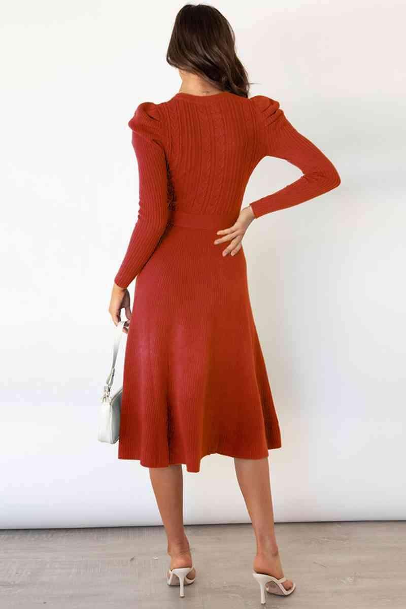 Amber Round Neck Long Sleeve Tie Waist Sweater Dress - SwagglyLife Home & Fashion Amber Round Neck Long Sleeve Tie Waist Sweater Dress - SwagglyLife Home & Fashion