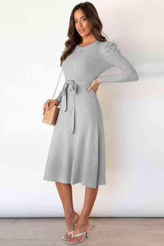 Amber Round Neck Long Sleeve Tie Waist Sweater Dress - SwagglyLife Home & Fashion Amber Round Neck Long Sleeve Tie Waist Sweater Dress - SwagglyLife Home & Fashion