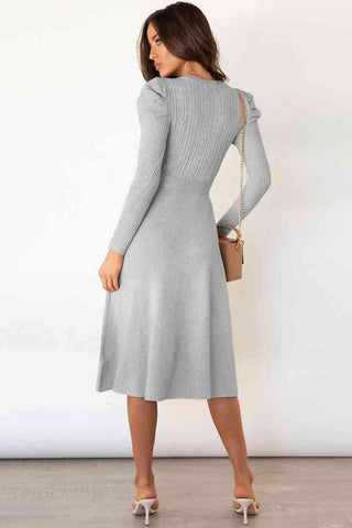 Amber Round Neck Long Sleeve Tie Waist Sweater Dress - SwagglyLife Home & Fashion Amber Round Neck Long Sleeve Tie Waist Sweater Dress - SwagglyLife Home & Fashion