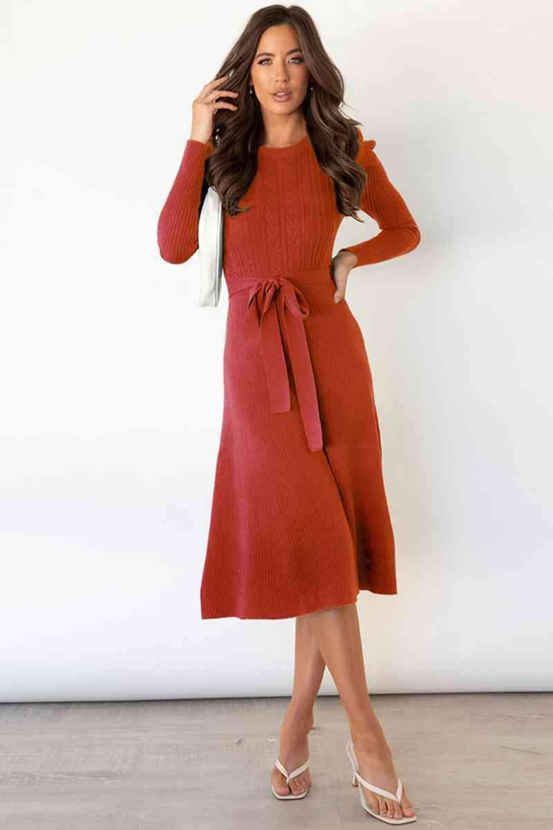 Amber Round Neck Long Sleeve Tie Waist Sweater Dress - SwagglyLife Home & Fashion Amber Round Neck Long Sleeve Tie Waist Sweater Dress - SwagglyLife Home & Fashion