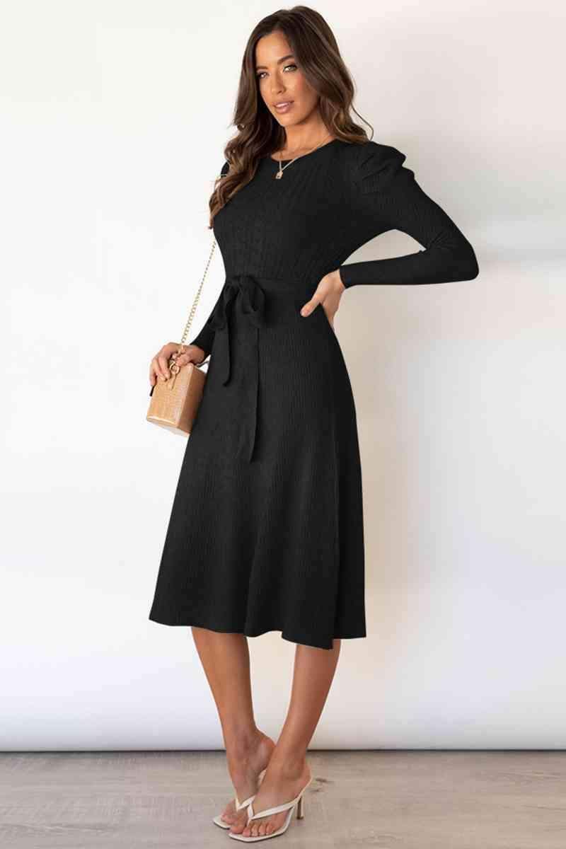 Amber Round Neck Long Sleeve Tie Waist Sweater Dress - SwagglyLife Home & Fashion Amber Round Neck Long Sleeve Tie Waist Sweater Dress - SwagglyLife Home & Fashion