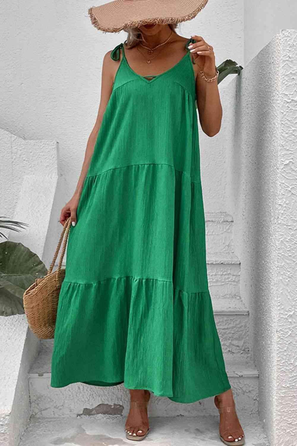 Amelia Tie-Shoulder Tiered Maxi Dress in Mid Green - Maxi Dresses photo