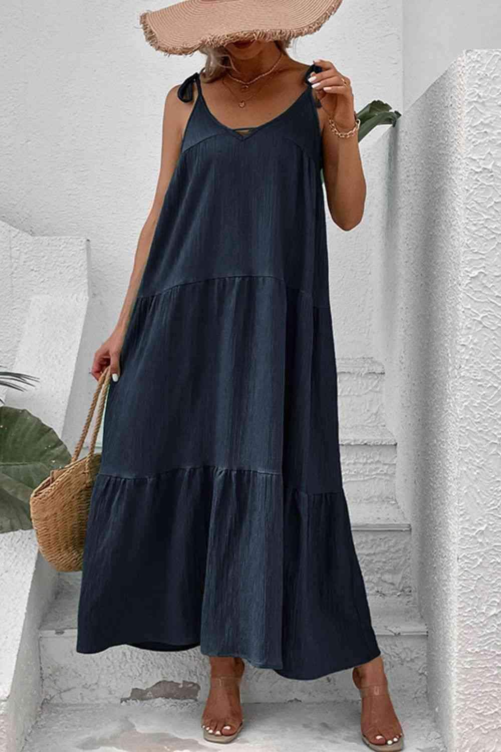 Amelia Tie-Shoulder Tiered Maxi Dress in Dark Navy - Maxi Dresses photo