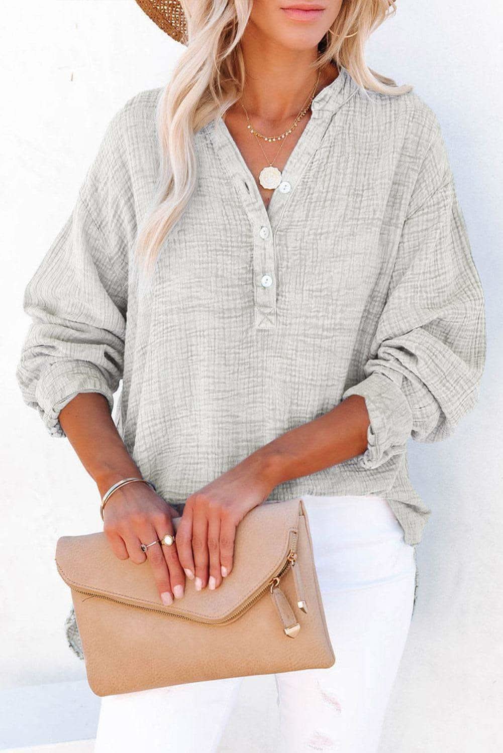 Amy Buttoned Long Sleeve Blouse - SwagglyLife Home & Fashion