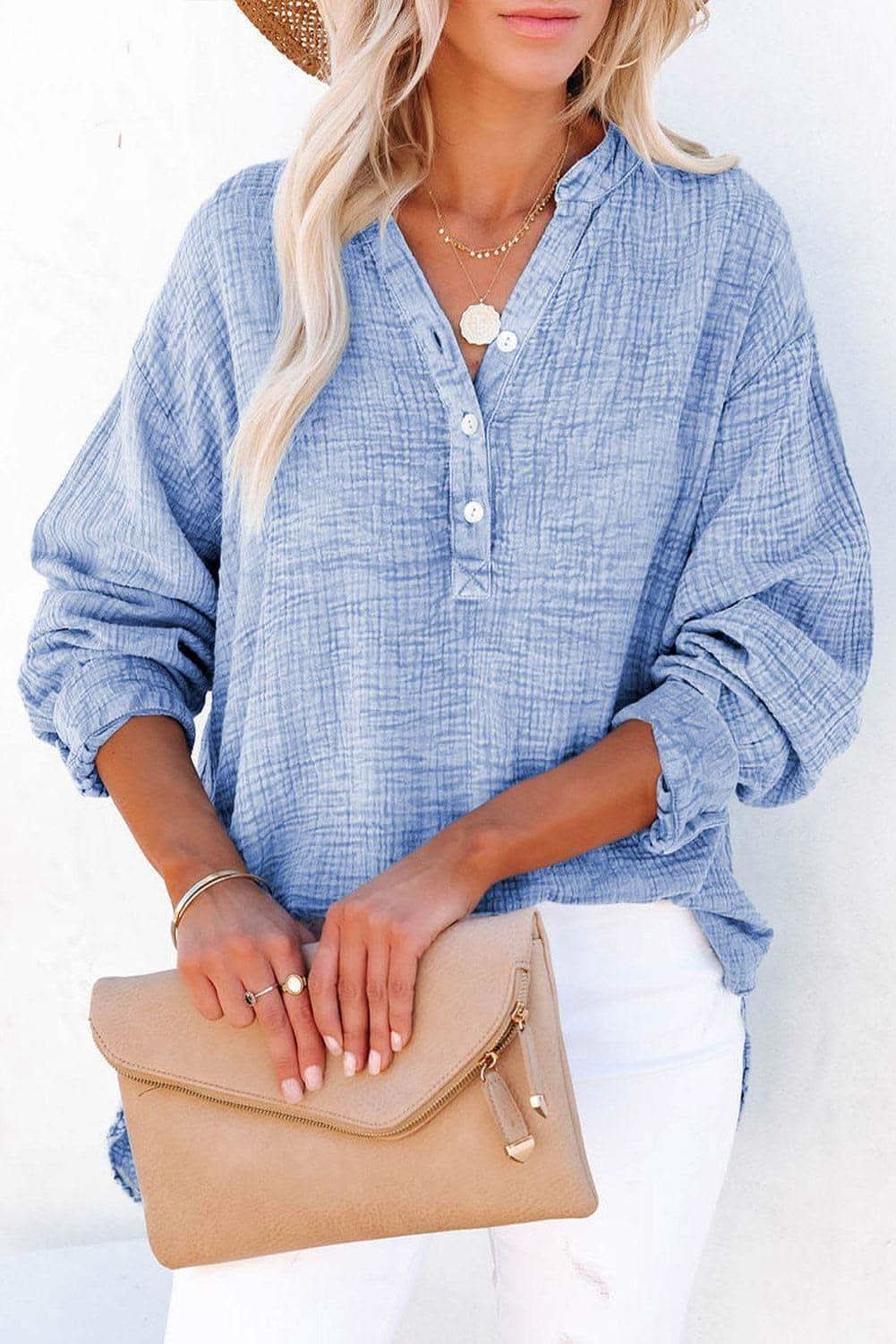 Amy Buttoned Long Sleeve Blouse - SwagglyLife Home & Fashion