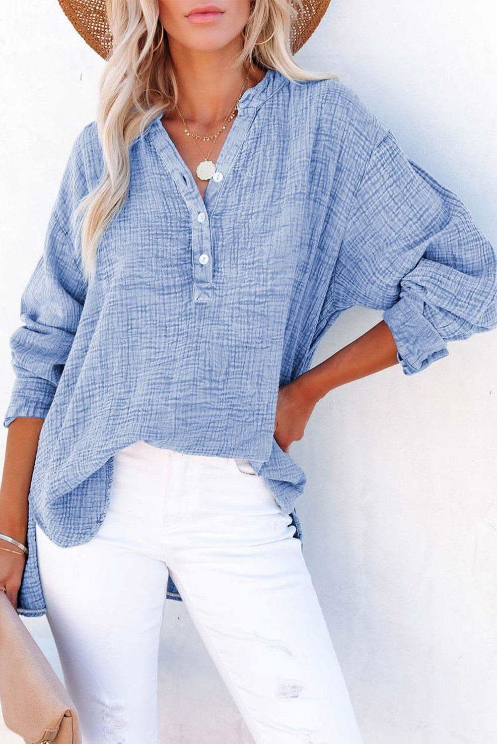 Amy Buttoned Long Sleeve Blouse - SwagglyLife Home & Fashion
