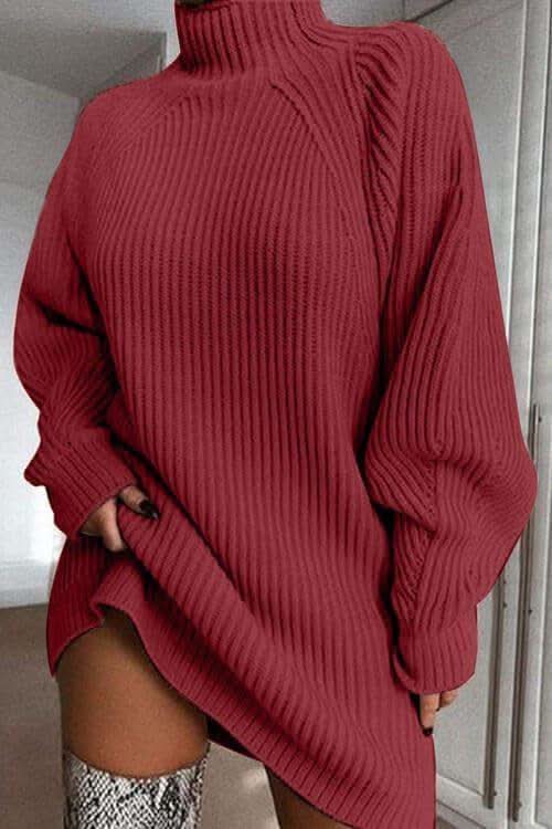 Andrea Mock Neck Dropped Shoulder Sweater Dress - SwagglyLife Home & Fashion Andrea Mock Neck Dropped Shoulder Sweater Dress - SwagglyLife Home & Fashion