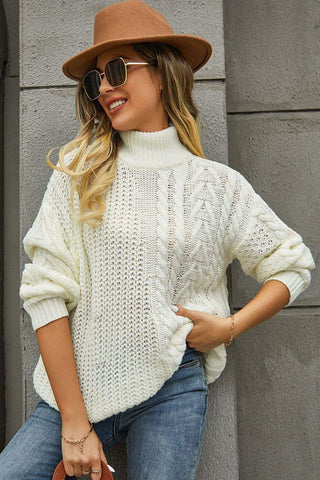 Cable-Knit Turtle Neck Long Sleeve Sweater - SwagglyLife Home & Fashion Cable-Knit Turtle Neck Long Sleeve Sweater - SwagglyLife Home & Fashion