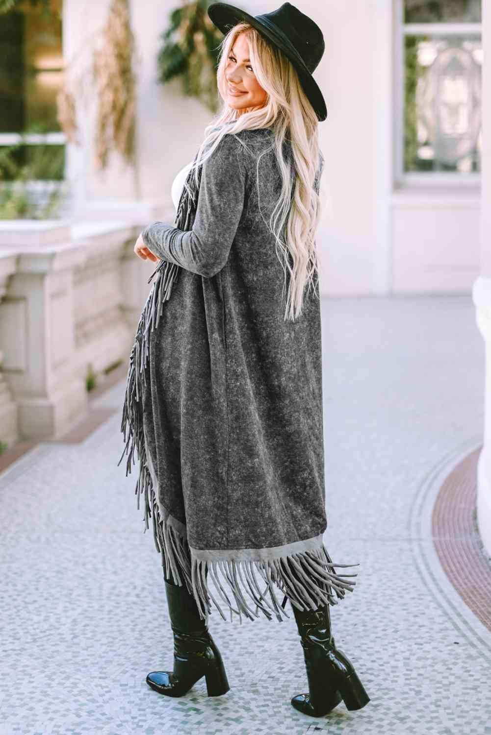 Angie Fringe Detail Long Sleeve Cardigan - SwagglyLife Home & Fashion Angie Fringe Detail Long Sleeve Cardigan - SwagglyLife Home & Fashion