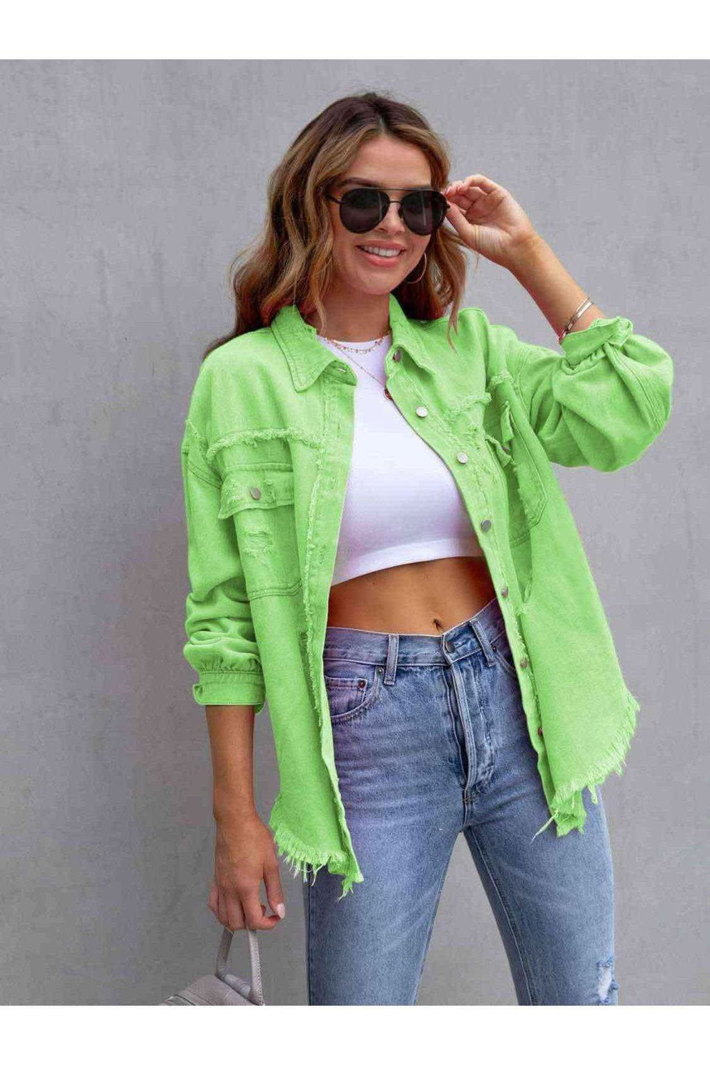 Distressed Drop Shoulder Denim Jacket in Lime - Shirts & Tops photo