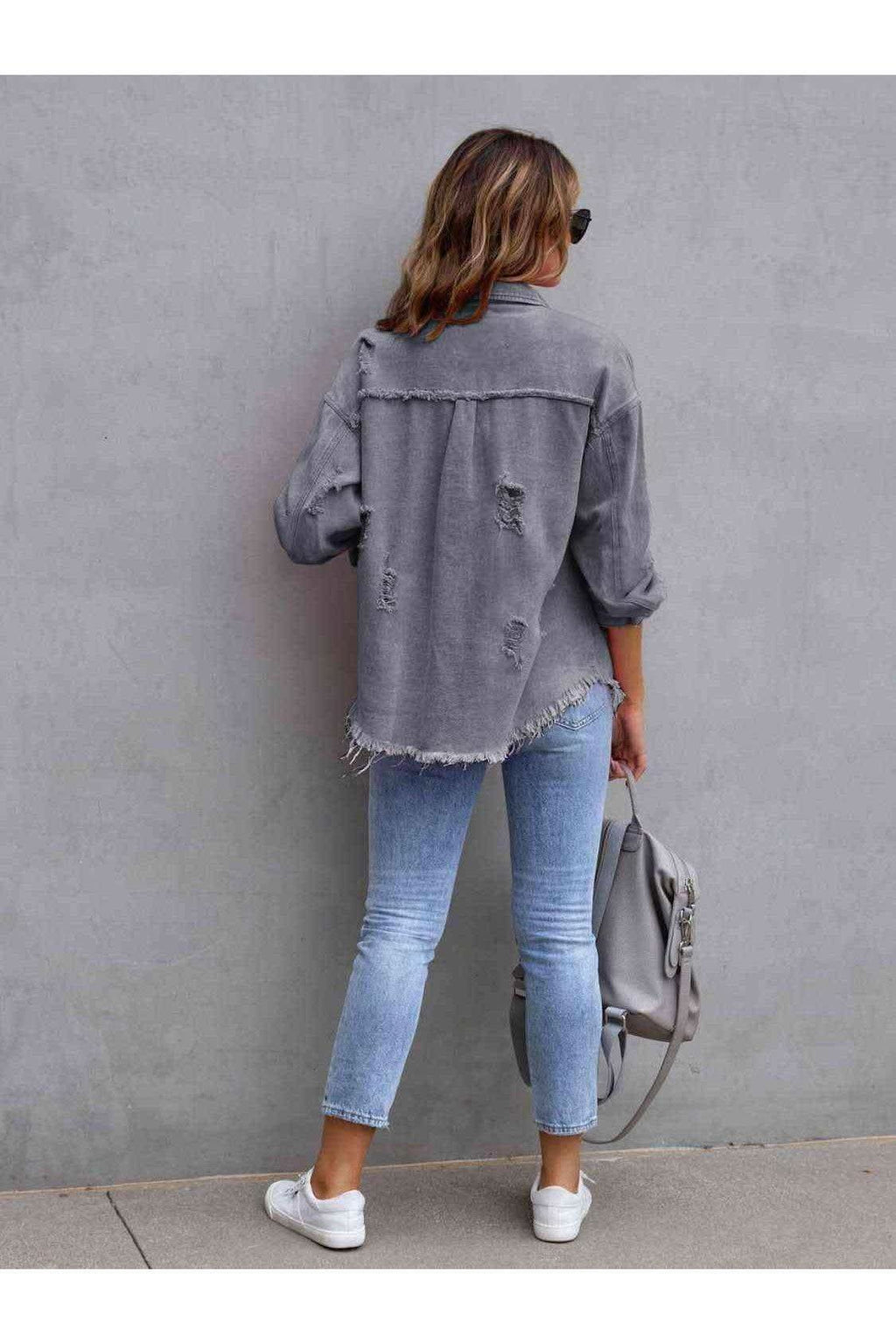 Distressed Drop Shoulder Denim Jacket in - Shirts & Tops photo