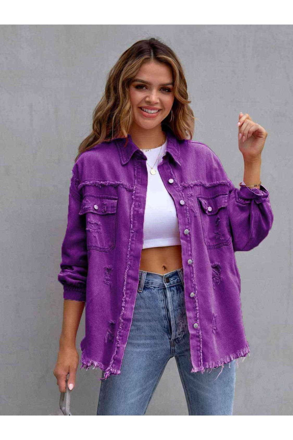 Distressed Drop Shoulder Denim Jacket in Violet - Shirts & Tops photo