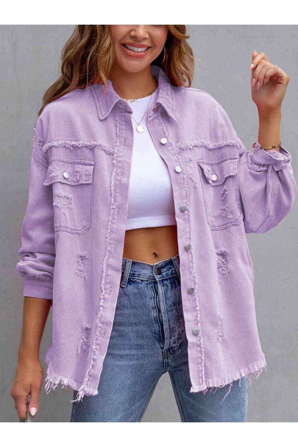 Distressed Drop Shoulder Denim Jacket in - Shirts & Tops photo