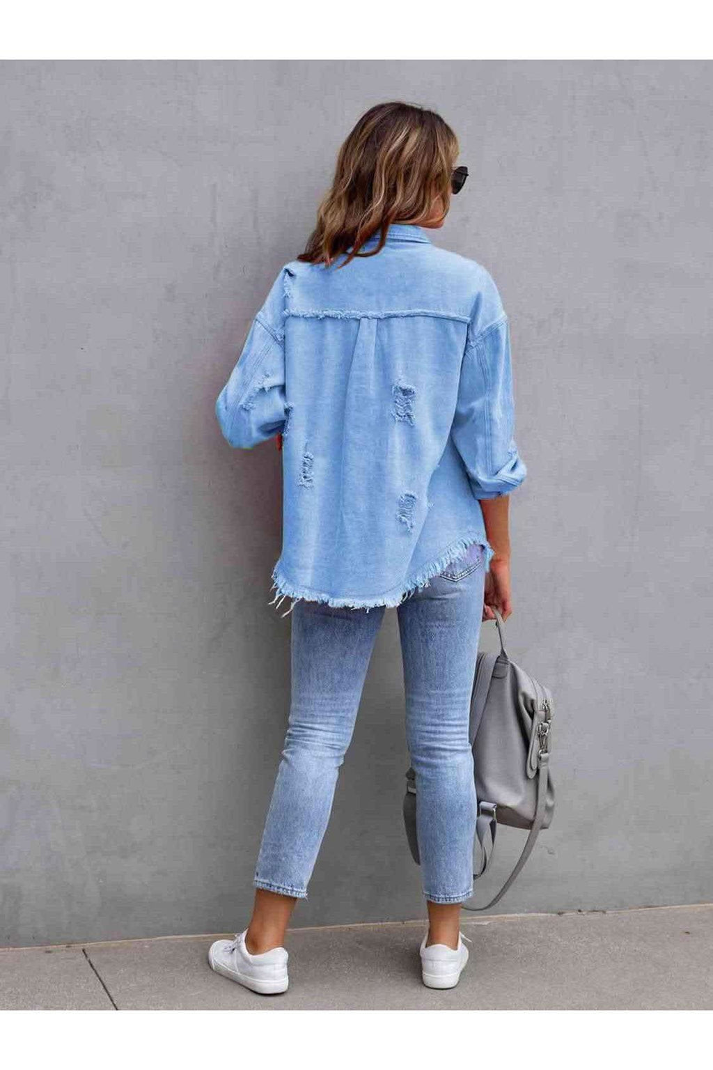 Distressed Drop Shoulder Denim Jacket in - Shirts & Tops photo